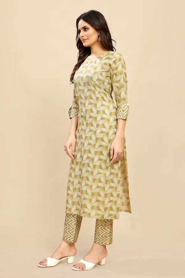 Yellow_Beige_Pure_Cotton_Leaf_Printed_Kurta_Pant_Suit