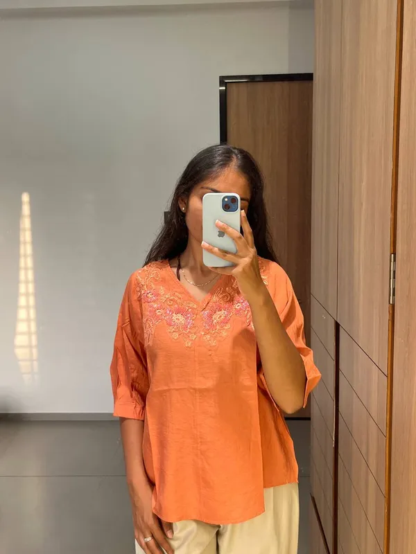Orange_Embroidered_V-Neck_Top