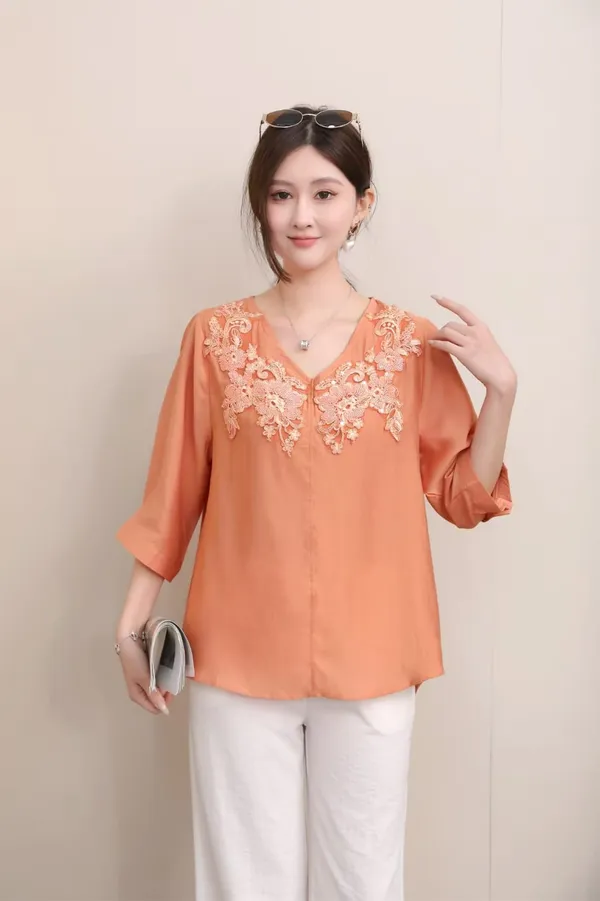 Orange_Embroidered_V-Neck_Top