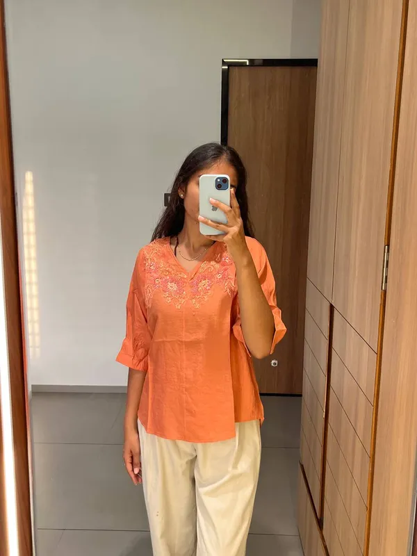 Orange_Embroidered_V-Neck_Top
