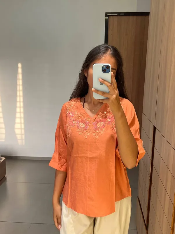 Orange_Embroidered_V-Neck_Top