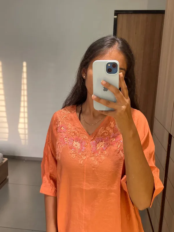 Orange_Embroidered_V-Neck_Top