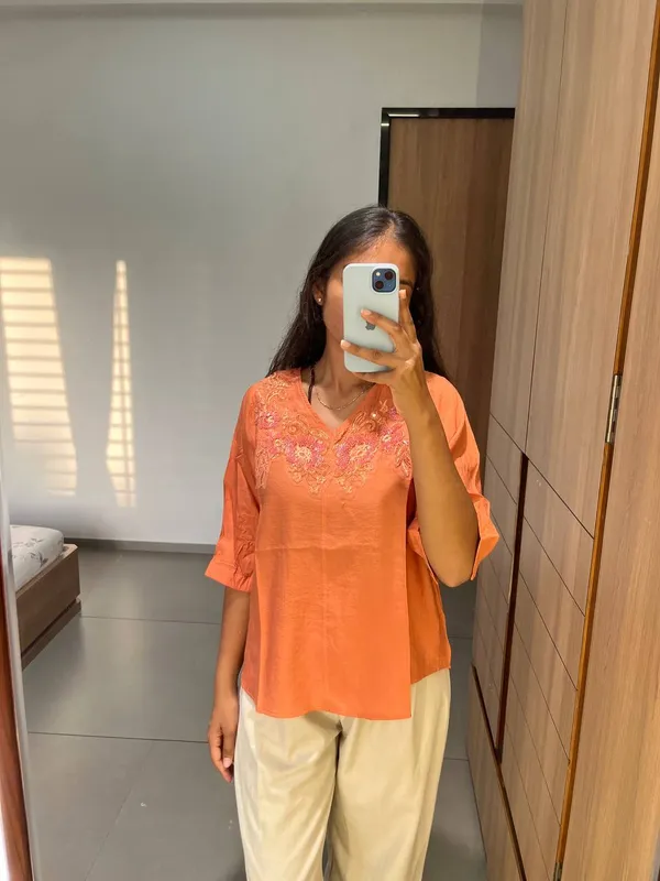 Orange_Embroidered_V-Neck_Top