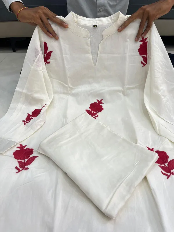 Pure_Chanderi_White_Kurta_with_Red_Embroidery
