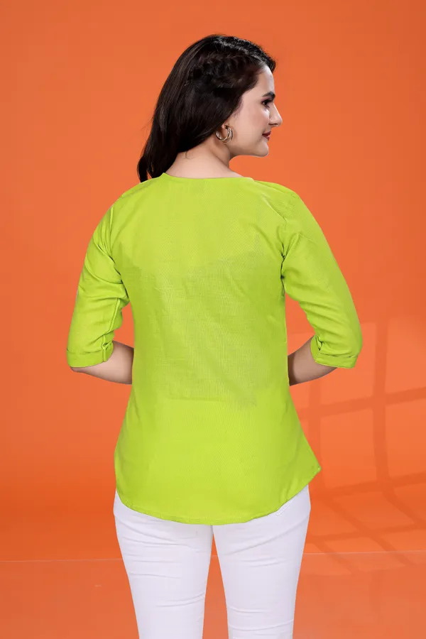 Women's_Lime_Green_Cotton_Blend_Short_Top_with_Embroidery_and_Side_Button_Detailing