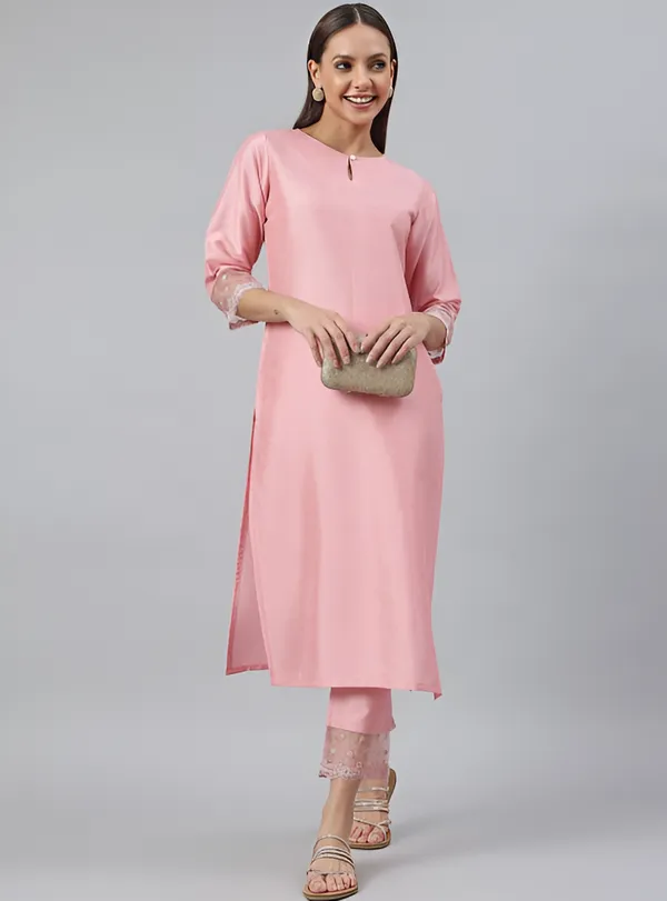 Women_Pink_Roman_Silk_Kurti_With_Trouser