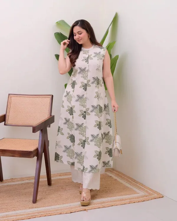 greenPrinted_Sleeveless_Cotton_Kurta_with_Palazzo_Set