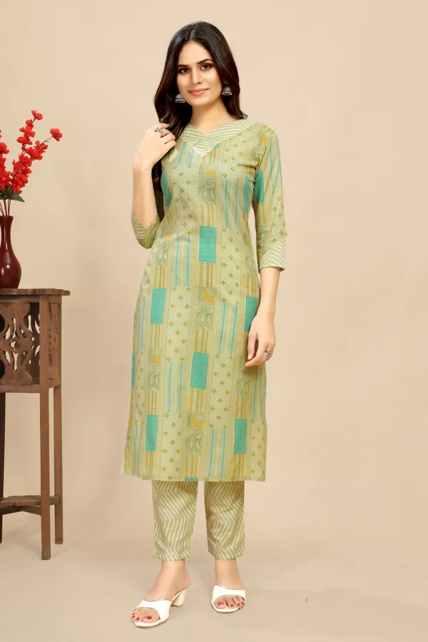 Green_Cotton_Floral_Block_Printed_Kurti_Pair