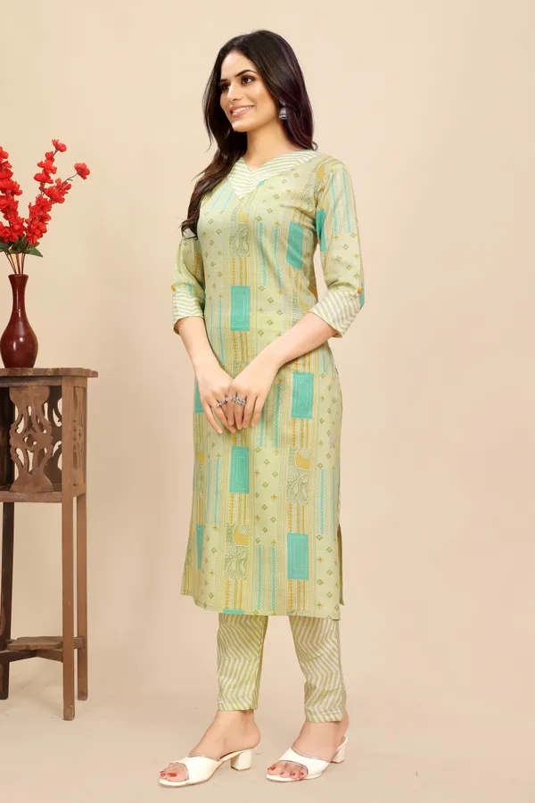 Green_Cotton_Floral_Block_Printed_Kurti_Pair