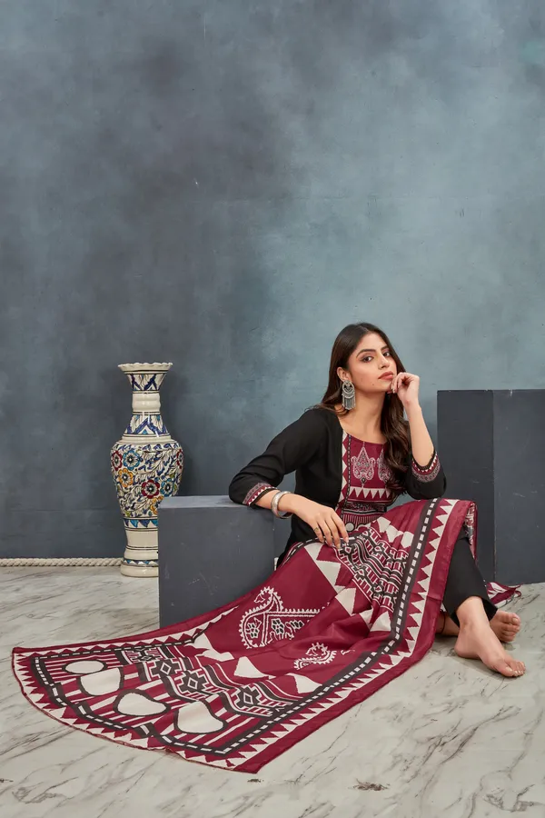 Black_Ajrakh_Kurta_Pant_With_Dupatta_Suit