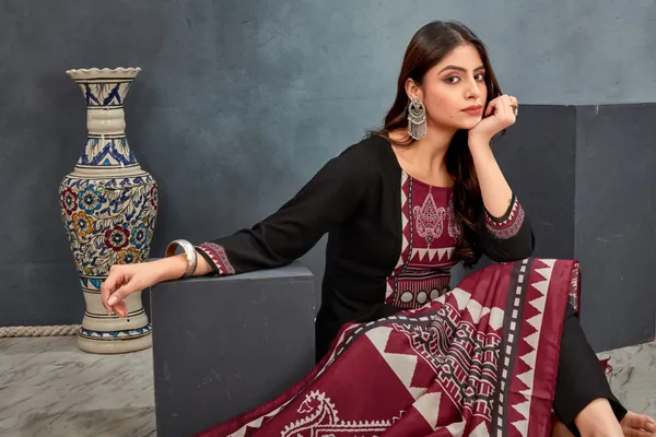 Black_Ajrakh_Kurta_Pant_With_Dupatta_Suit