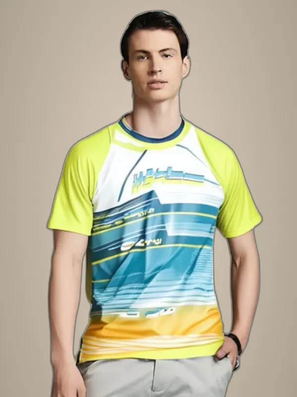 Yellow_Polyester_Short_Sleeve_Round_Neck_Striped_Regular_T-Shirt_For_Men