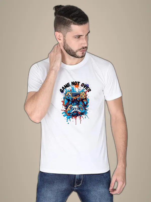 White_Cotton_Blend_Half_Sleeve_Round_Neck_Printed_Regular_T-Shirt_For_Men