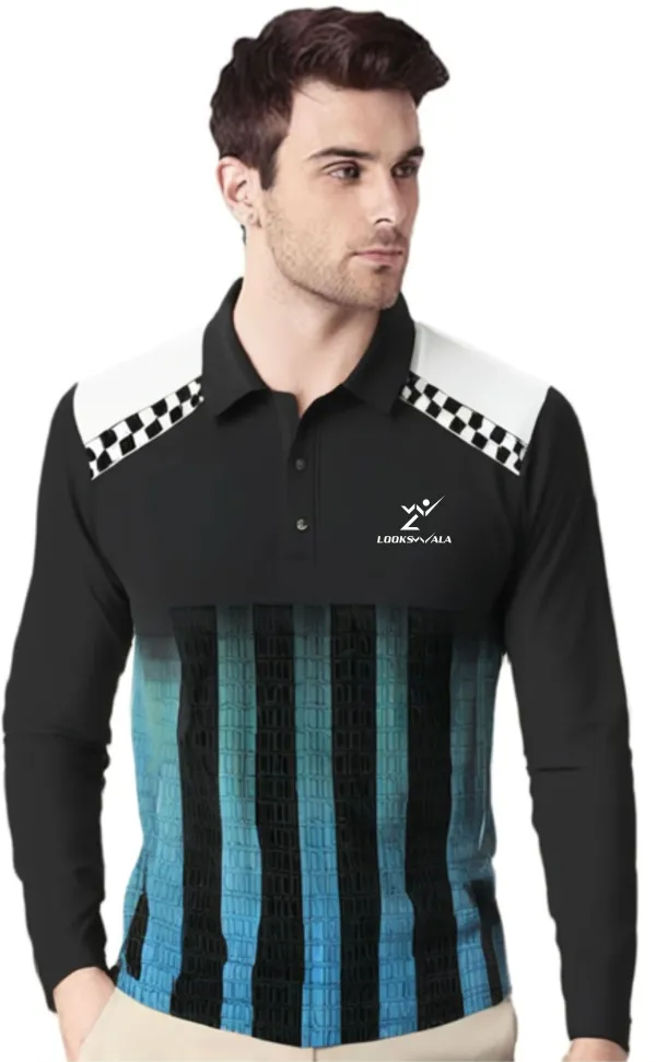 Black_Polyester_Full_Sleeve_Polo_Neck_Self_Design_Regular_T-Shirt_For_Men