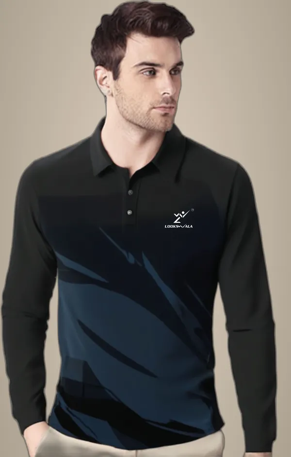 Black_Polyester_Full_Sleeve_Polo_Neck_Printed_Regular_T-Shirt_For_Men