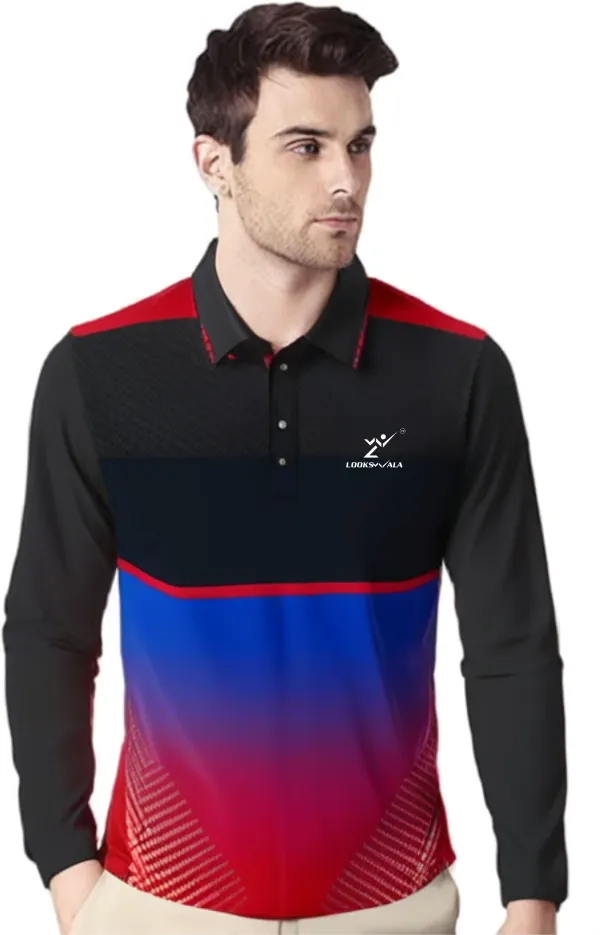 Black_Polyester_Full_Sleeve_Polo_Neck_Printed_Regular_T-Shirt_For_Men