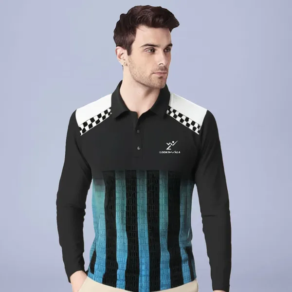 Black_Polyester_Full_Sleeve_Polo_Neck_Self_Design_Regular_T-Shirt_For_Men