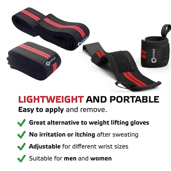 Red_Durable_Gym_Wrist_Band_2Pcs_&_Knee_Wrap_For_Squats_2Cs_Weight_Lifting_Knee_Wraps_Bandage_Combo_For_Sports