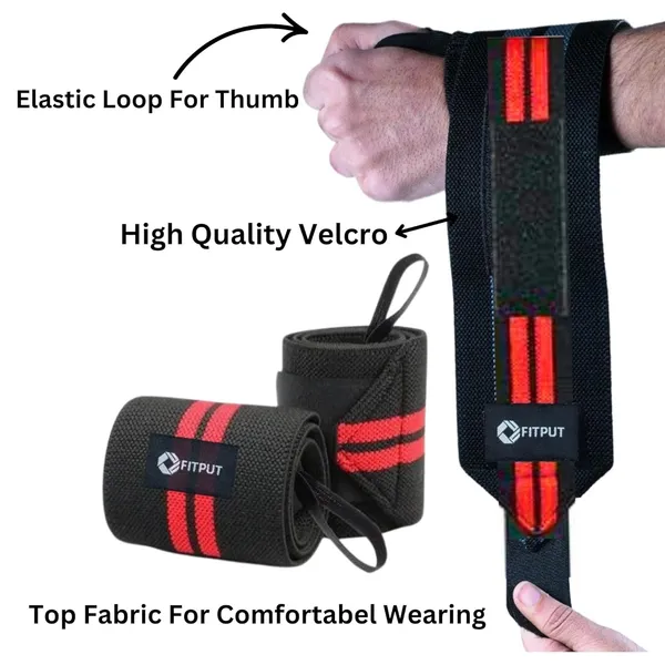 Red_Durable_Gym_Wrist_Band_2Pcs_&_Knee_Wrap_For_Squats_2Cs_Weight_Lifting_Knee_Wraps_Bandage_Combo_For_Sports