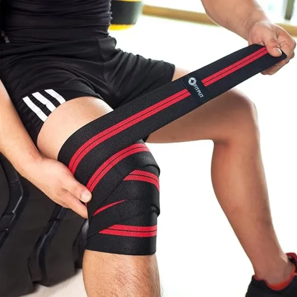 Red_Durable_Gym_Wrist_Band_2Pcs_&_Knee_Wrap_For_Squats_2Cs_Weight_Lifting_Knee_Wraps_Bandage_Combo_For_Sports