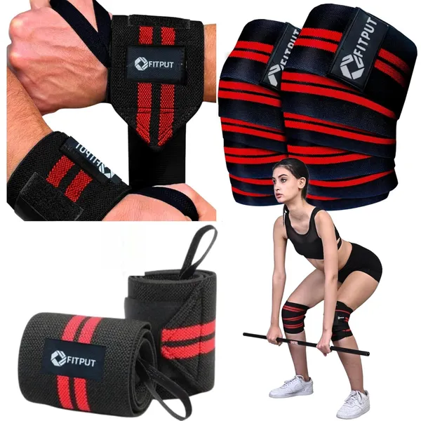Red_Durable_Gym_Wrist_Band_2Pcs_&_Knee_Wrap_For_Squats_2Cs_Weight_Lifting_Knee_Wraps_Bandage_Combo_For_Sports