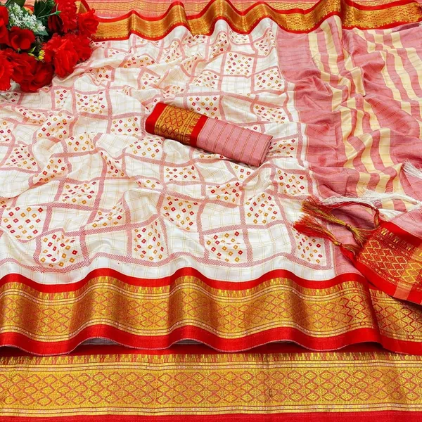 Orange_Banarasi_Cotton_Silk_Square_Block_Printed_Saree_For_Women_&_Girls