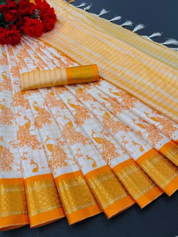 Yellow_Banarasi_Cotton_Silk_Peacock_Block_Printed_Saree_For_Women_&_Girls