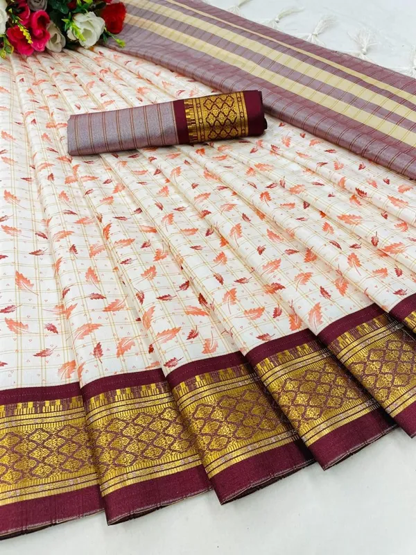 Maroon_Banarasi_Cotton_Silk_Leaf_Block_Printed_Saree_For_Women_&_Girls