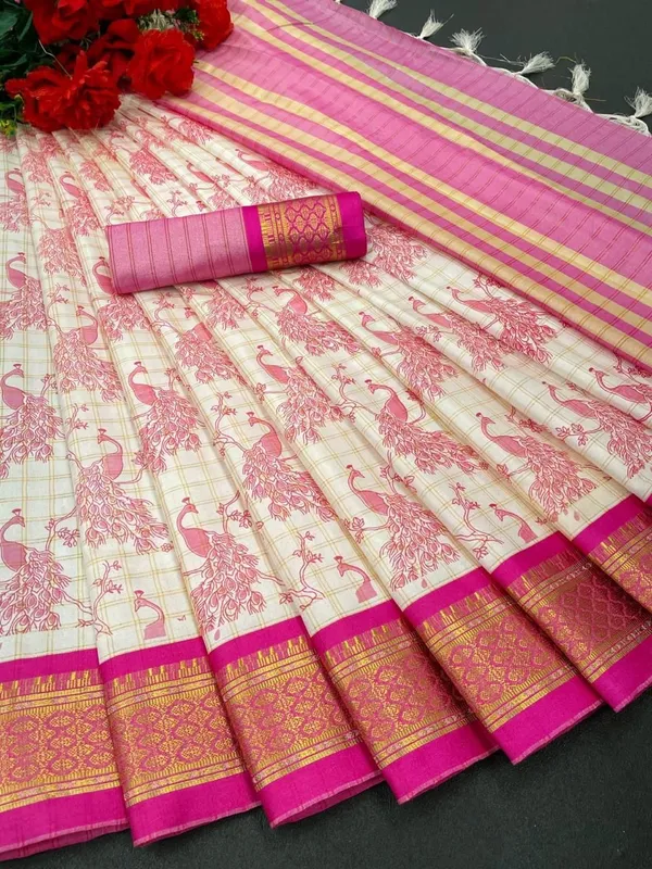 Pink_Banarasi_Cotton_Silk_Peacock_Block_Printed_Saree_For_Women_&_Girls