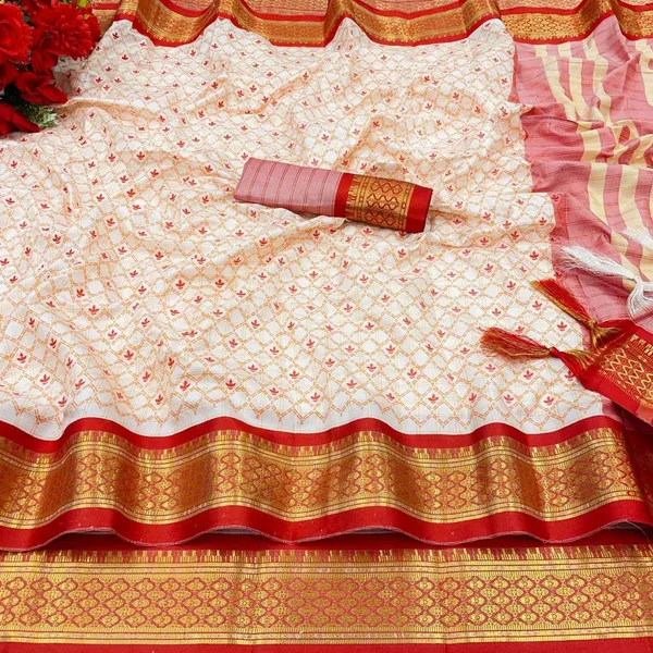 Orange_Banarasi_Cotton_Silk_Small_Check_Block_Printed_Saree_For_Women_&_Girls