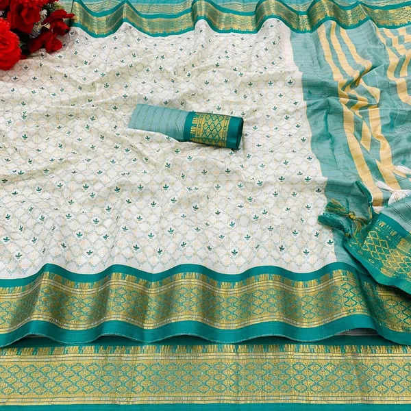Blue_Banarasi_Cotton_Silk_Small_Check_Block_Printed_Saree_For_Women_&_Girls
