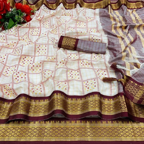 Maroon_Banarasi_Cotton_Silk_Square_Block_Printed_Saree_For_Women_&_Girls