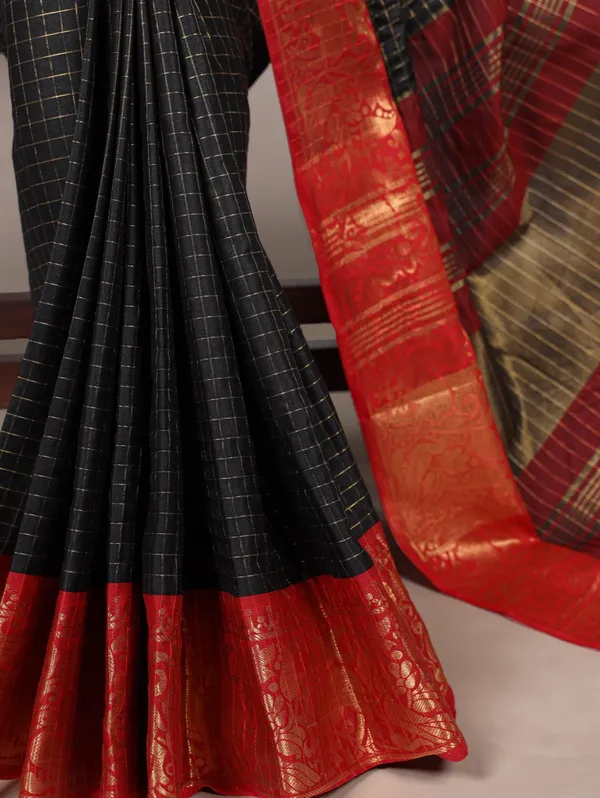 Black_Poly_Cotton_Checks_Saree_with_Red_Zari_Border_|_Elegant_Designer_Saree