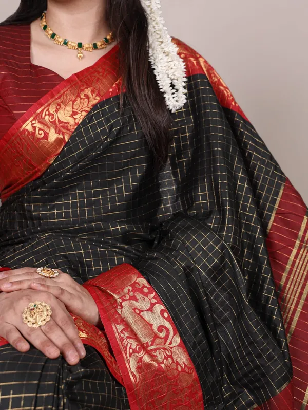 Black_Poly_Cotton_Checks_Saree_with_Red_Zari_Border_|_Elegant_Designer_Saree