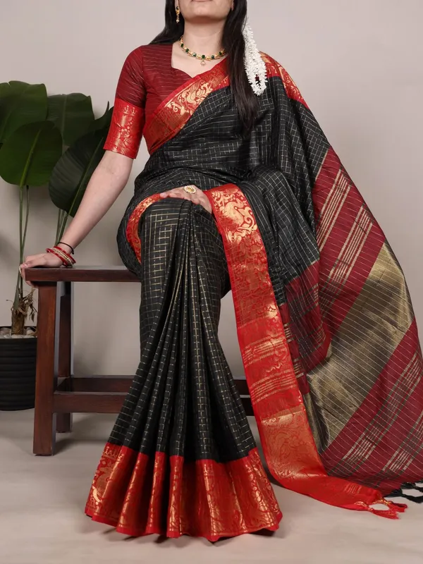 Black_Poly_Cotton_Checks_Saree_with_Red_Zari_Border_|_Elegant_Designer_Saree
