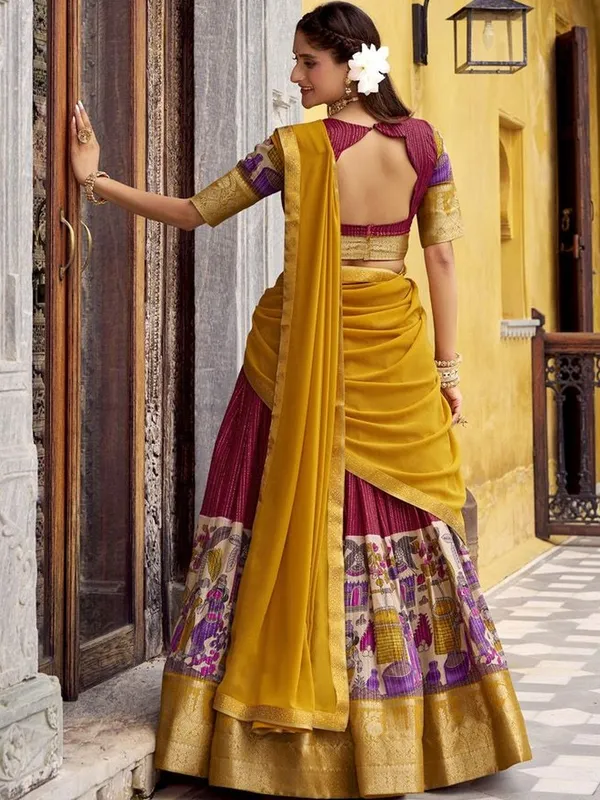 Chanderi_Kalamkari_Printed_Half_Saree_Set_with_Zari_Weaving_&_Georgette_Dupatta