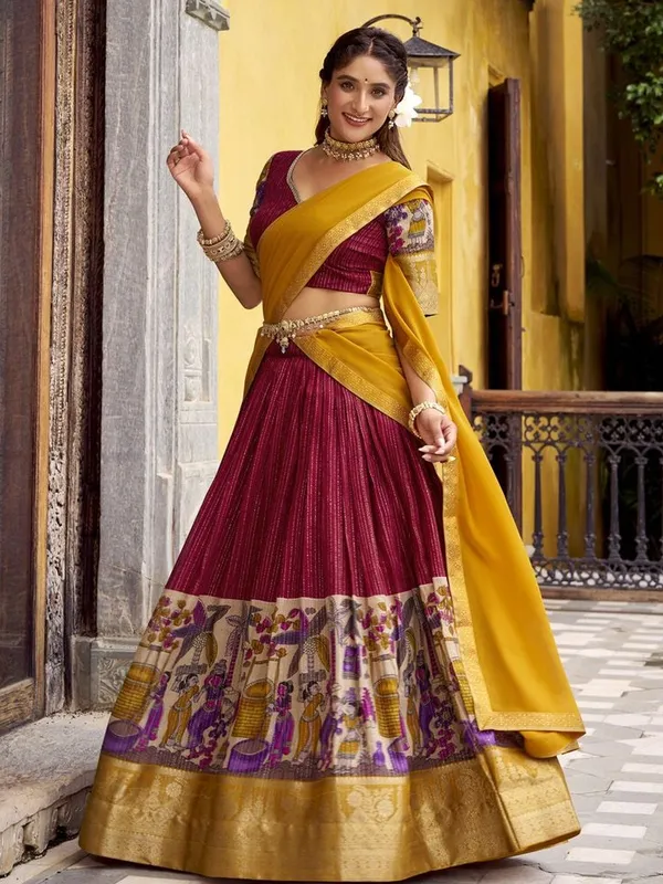Chanderi_Kalamkari_Printed_Half_Saree_Set_with_Zari_Weaving_&_Georgette_Dupatta