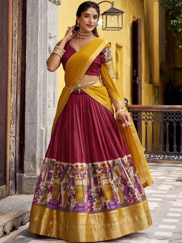 Chanderi_Kalamkari_Printed_Half_Saree_Set_with_Zari_Weaving_&_Georgette_Dupatta