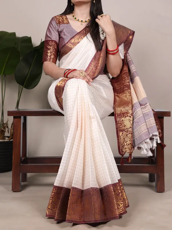 Classic_White_Poly_Cotton_Checks_Saree_with_Brown_Zari_Border_|_Elegant_Ethnic_Wear