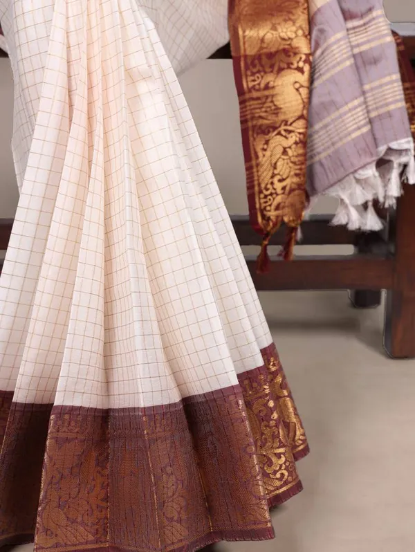 Classic_White_Poly_Cotton_Checks_Saree_with_Brown_Zari_Border_|_Elegant_Ethnic_Wear
