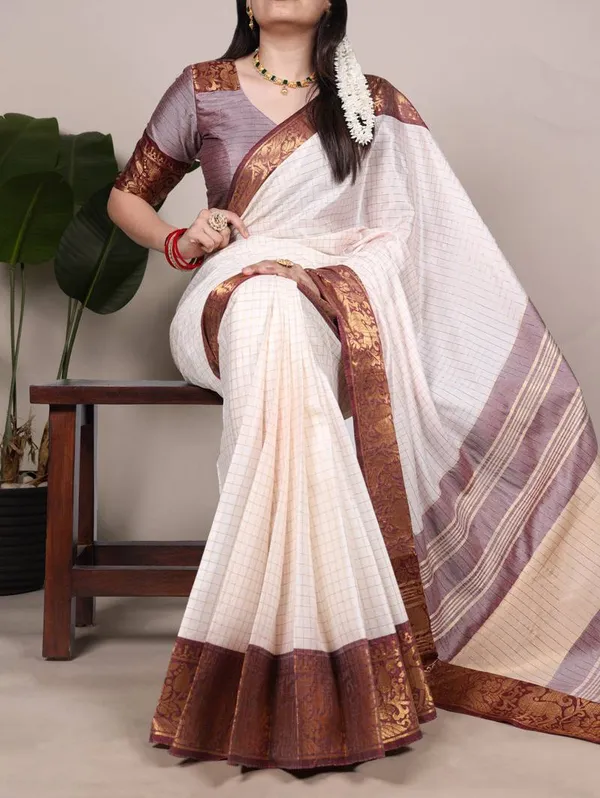 Classic_White_Poly_Cotton_Checks_Saree_with_Brown_Zari_Border_|_Elegant_Ethnic_Wear