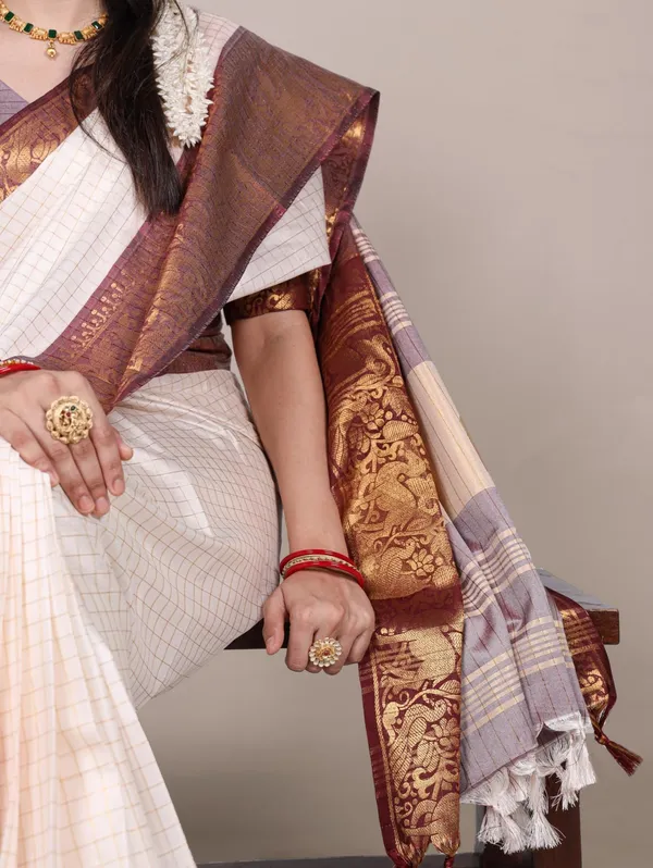 Classic_White_Poly_Cotton_Checks_Saree_with_Brown_Zari_Border_|_Elegant_Ethnic_Wear