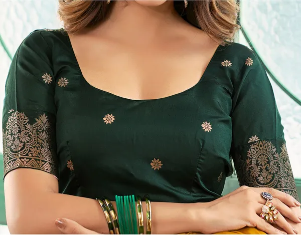 Dark_Green_Banarasi_Silk_Blend_Jacquard_Saree_with_Golden_Zari_Woven_Border_&_Unstitched_Blouse_–_Wedding_&_Festive_Collection