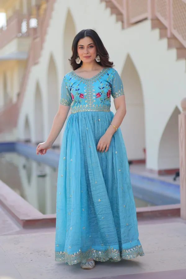 Sky_Blue_Cotton_V-Neck_Short_Sleeves_Gold_Crush_With_Multi_Thread_Embroidery_Zari_Sequins-Work_Gown_For_Women_&_Girls