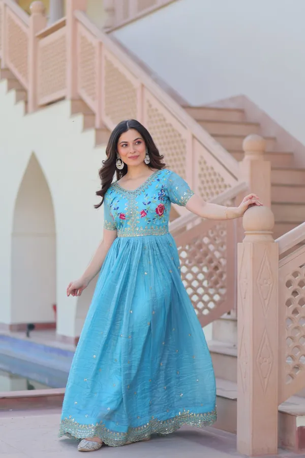 Sky_Blue_Cotton_V-Neck_Short_Sleeves_Gold_Crush_With_Multi_Thread_Embroidery_Zari_Sequins-Work_Gown_For_Women_&_Girls