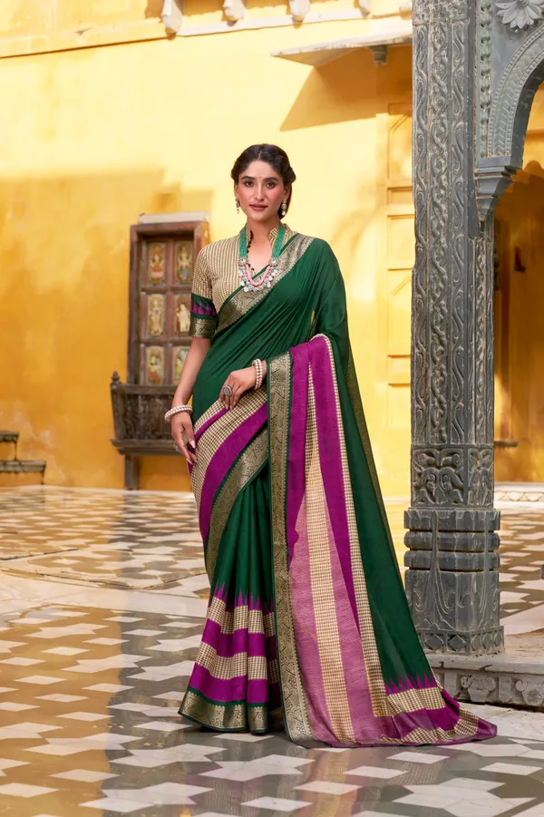 Green_Elegant_Poly_Cotton_Saree_with_Printed_&_Zari_Weaving_Work_&_Contrast_Border