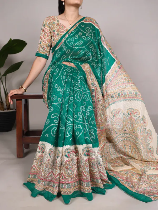 Green_Pure_Silk_Fusion_Madhubani_+_Bandhej_Print_Saree_with_Unstitched_Blouse