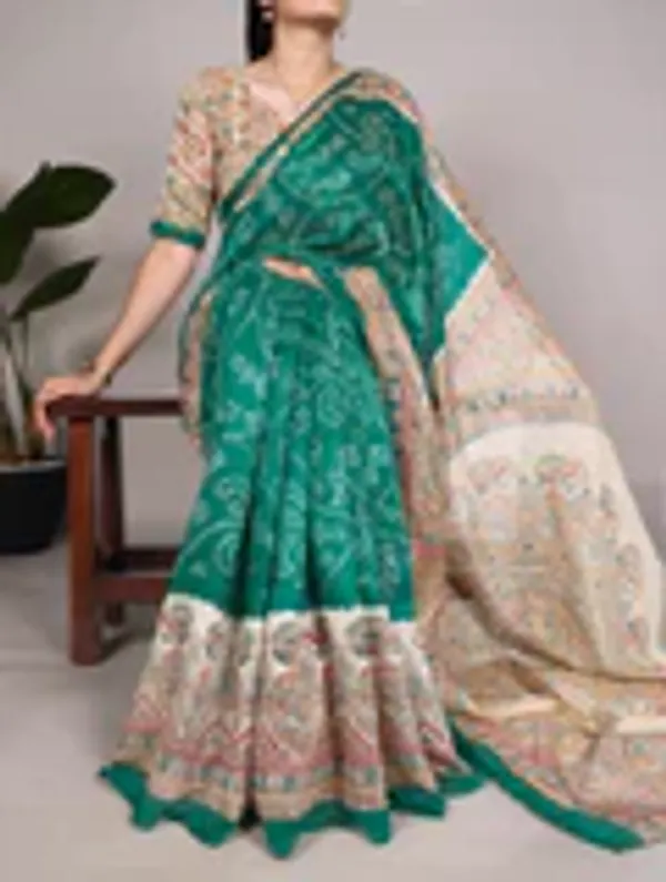 Green_Pure_Silk_Fusion_Madhubani_+_Bandhej_Print_Saree_with_Unstitched_Blouse