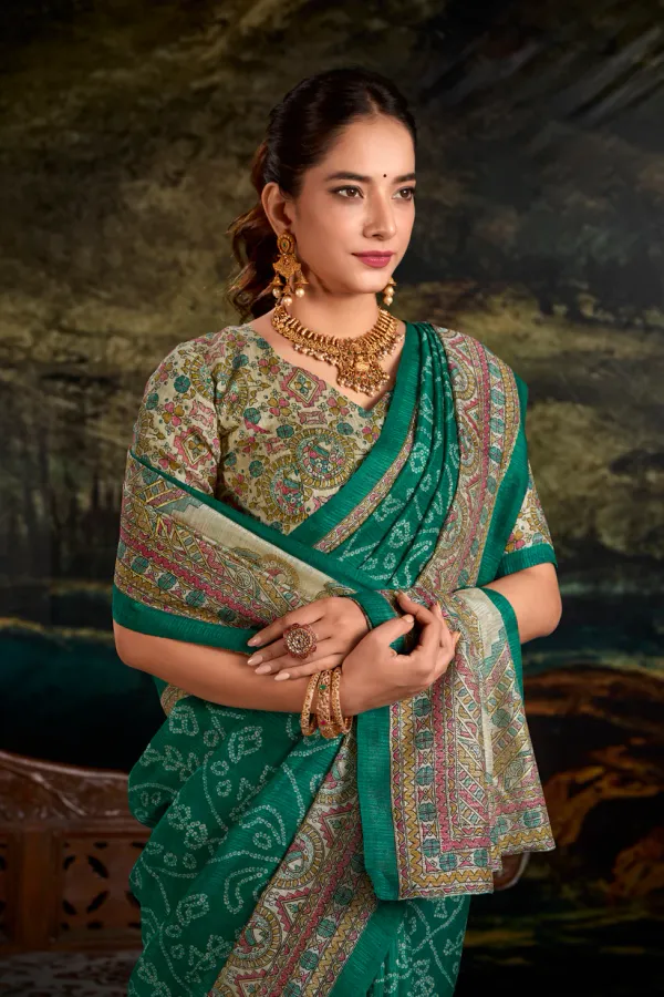 Green_Pure_Silk_Fusion_Madhubani_+_Bandhej_Print_Saree_with_Unstitched_Blouse