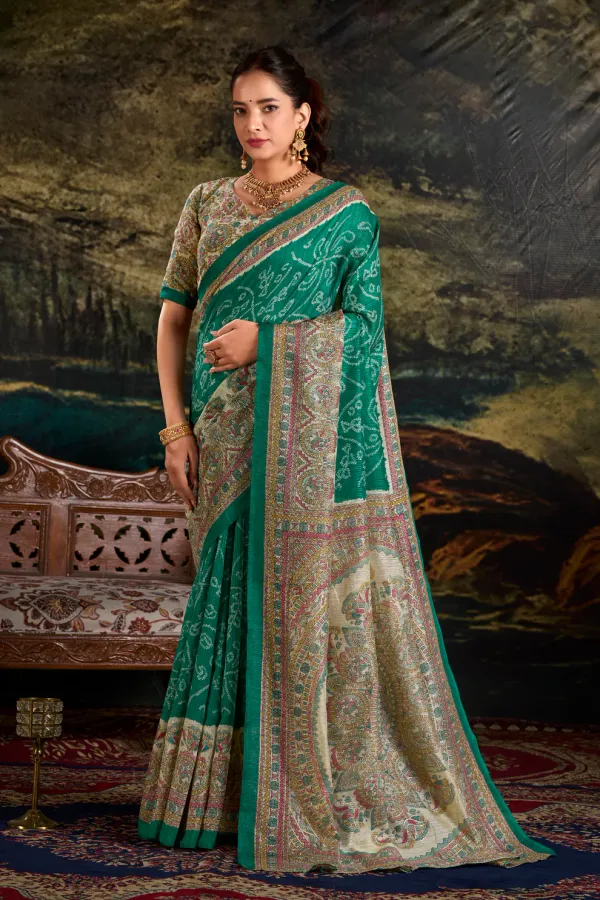 Green_Pure_Silk_Fusion_Madhubani_+_Bandhej_Print_Saree_with_Unstitched_Blouse